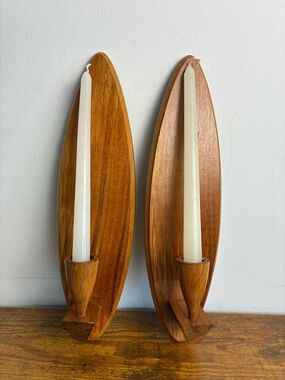 Mid-Century Teak Wall Candle Sconces - Pair